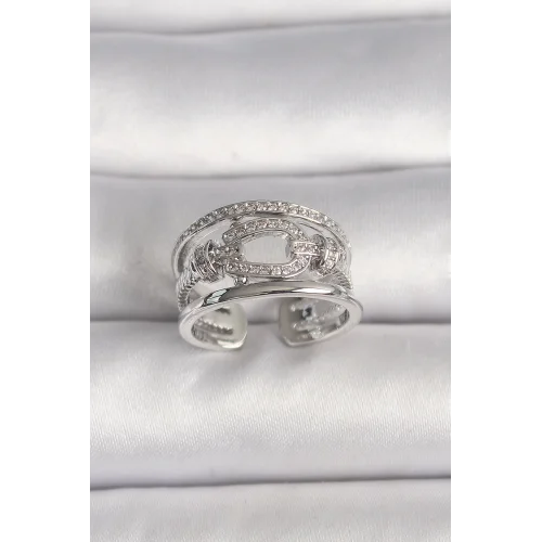 Mey İthalat® Pirinç Gümüş Renk Ayarlanabilir Zirkon Taşlı Gemici Düğüm Model Kadın Yüzük