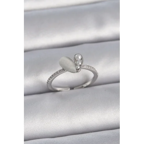 Mey İthalat® Pirinç Gümüş Renk Ayarlanabilir Zirkon Taşlı İncili Beyaz Mineli Kalp Model Kadın Yüzük