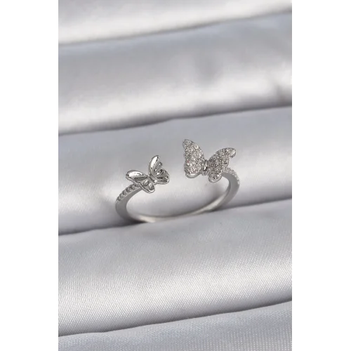 Mey İthalat® Pirinç Gümüş Renk Ayarlanabilir Zirkon Taşlı Kelebek Model Kadın Yüzük