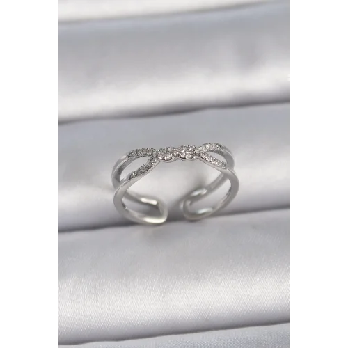 Mey İthalat® Pirinç Gümüş Renk Ayarlanabilir Zirkon Taşlı Sarmal Model Kadın Yüzük