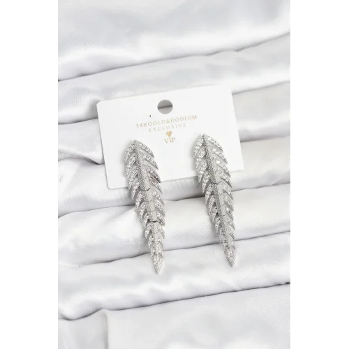 Mey İthalat® Pirinç Gümüş Renk Balık Sırtı Model Zirkon Taşlı Kadın Küpe