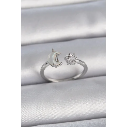 Mey İthalat® Pirinç Gümüş Renk İncili Hilal Zirkon Taşlı Yıldız Ayarlanabilir Kadın Yüzük