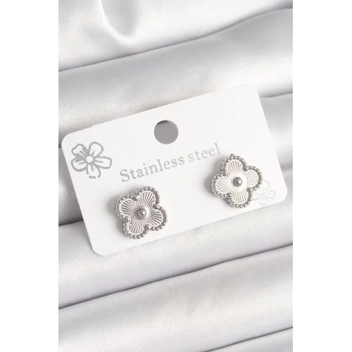 Mey İthalat® Pirinç Gümüş Renk İşlemeli Yonca Model Kadın Küpe