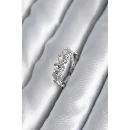 Mey İthalat® Pirinç Gümüş Renk Kalp Model İnci Detay Kadın Yüzük