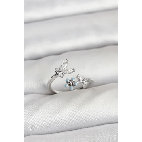 Mey İthalat® Pirinç Gümüş Renk Kelebek Model Kadın Yüzük