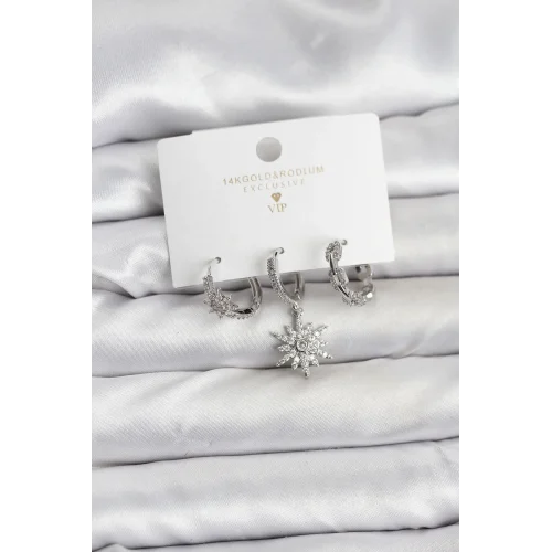 Mey İthalat® Pirinç Gümüş Renk Kutup Yıldızı Model 3lü Kadın Küpe Seti