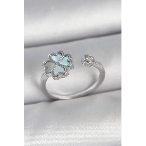 Mey İthalat® Pirinç Gümüş Renk Mavi Mineli Yonca Model Zirkon Taş Detay Ayarlanabilir Kadın Yüzük