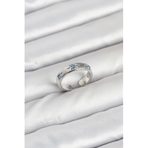 Mey İthalat® Pirinç Gümüş Renk Mavi Zirkon Taşlı Kutup Yıldızı Model Kadın Yüzük