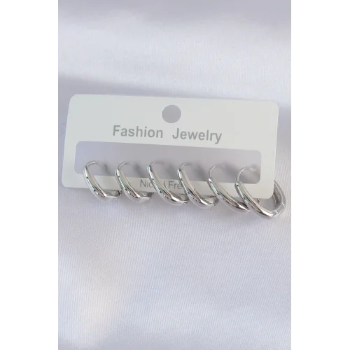 Mey İthalat® Pirinç Gümüş Renk Oval Küpe Seti