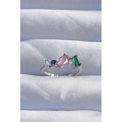 Mey İthalat® Pirinç Gümüş Renk Renkli Zirkon Taşlı Ayarlanabilir Yüzük