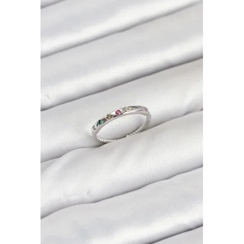 Mey İthalat® Pirinç Gümüş Renk Renkli Zirkon Taşlı Kadın Yüzük