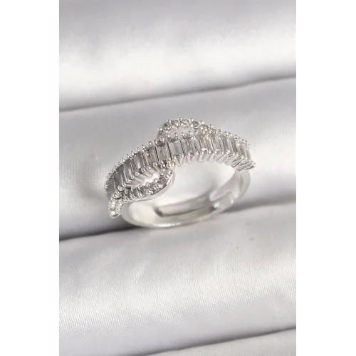 Mey İthalat® Pirinç Gümüş Renk Su Yolu Zirkon Taşlı Ayarlanabilir Model Kadın Yüzük