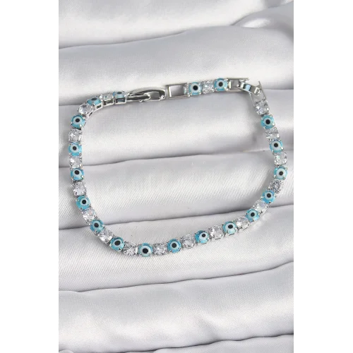 Mey İthalat® Pirinç Gümüş Renk Su Yolu Zirkon Taşlı Nazar Boncuklu Kadın Bileklik