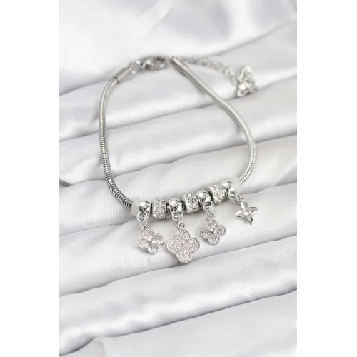 Mey İthalat® Pirinç Gümüş Renk Yonca Model Kadın Bileklik