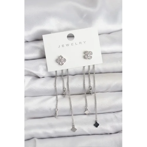 Mey İthalat® Pirinç Gümüş Renk Yonca Model Sallantılı Kadın Küpe