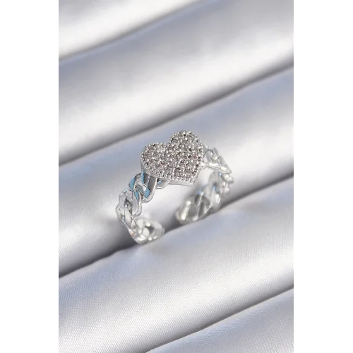 Mey İthalat® Pirinç Gümüş Renk Zincir Kordon Zirkon Taşlı Kalp Model Kadın Yüzük