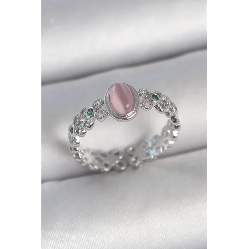 Mey İthalat® Pirinç Gümüş Renk Zirkon Taş Detaylı Pembe Mineli Damla Model Ayarlanabilir Kadın Yüzük