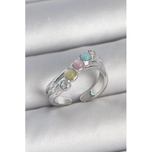 Mey İthalat® Pirinç Gümüş Renk Zirkon Taş Detaylı Renkli Mineli Ayarlanabilir Kadın Yüzük