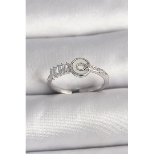 Mey İthalat® Pirinç Gümüş Renk Zirkon Taşlı Ayarlanabilir Kadın Yüzük