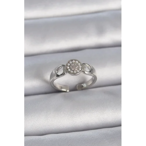 Mey İthalat® Pirinç Gümüş Renk Zirkon Taşlı İncili Kalp İşleme Detay Ayarlanabilir Model Kadın Yüzük