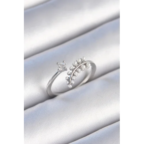 Mey İthalat® Pirinç Gümüş Renk Zirkon Taşlı İncili Yaprak Model Kadın Yüzük