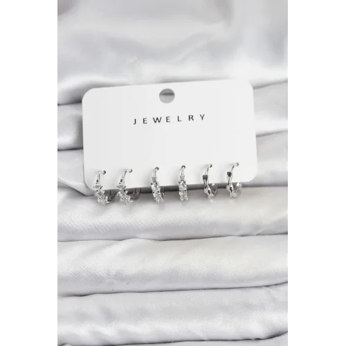 Mey İthalat® Pirinç Gümüş Renk Zirkon Taşlı Kadın Küpe Seti