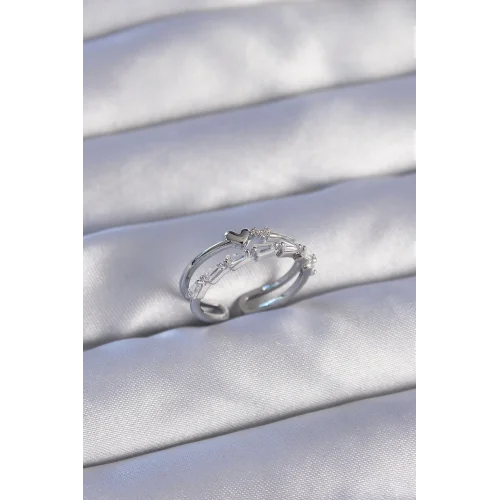 Mey İthalat® Pirinç Gümüş Renk Zirkon Taşlı Kalpli 2li Görünüm Ayarlanabilir Yüzük