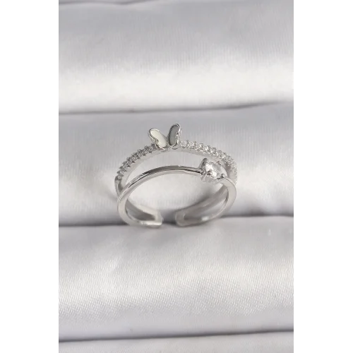 Mey İthalat® Pirinç Gümüş Renk Zirkon Taşlı Kelebek Figürlü Ayarlanabilir Yüzük