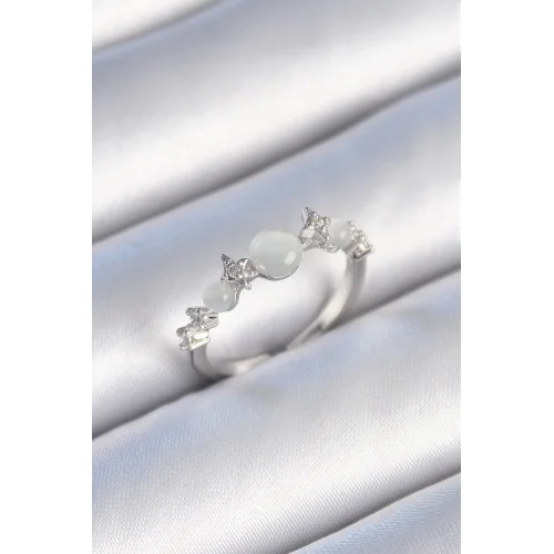 Mey İthalat® Pirinç Gümüş Renk Zirkon Taşlı Yıldız Detay Beyaz Mineli Kadın Yüzük