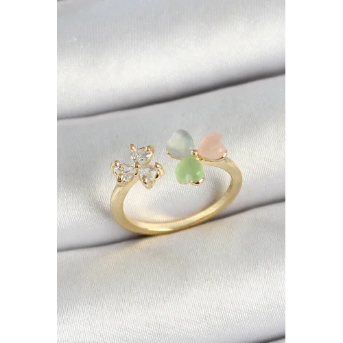 Mey İthalat® Pirinç Kalp Figürlü Zirkon Taşlı Gold Renk Ayarlanabilir Kadın Yüzük