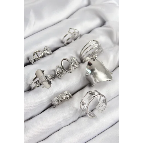 Mey İthalat® Pirinç Sarmal Ve Yıldız Model Gümüş Renk Kadın Yüzük Kombin Set