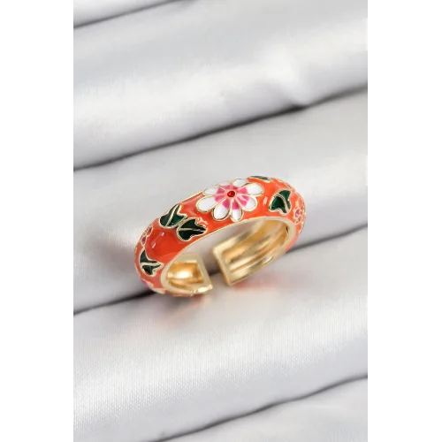 Mey İthalat® Pirinç Turuncu Mineli Çiçek Motifli Gold Renk Ayarlanabilir Kadın Yüzük