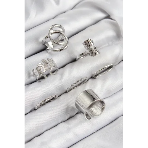 Mey İthalat® Pirinç Yaprak Model Gümüş Renk Kadın Yüzük Kombin Set