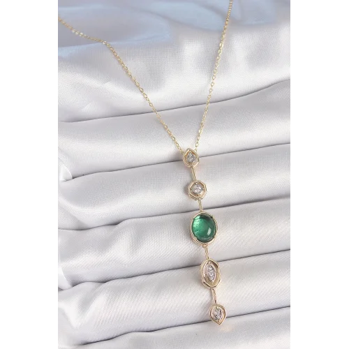 Mey İthalat® Pirinç Zincir Zümrüt Yeşil Gold Renk Zirkon Taşlı Y Kolye