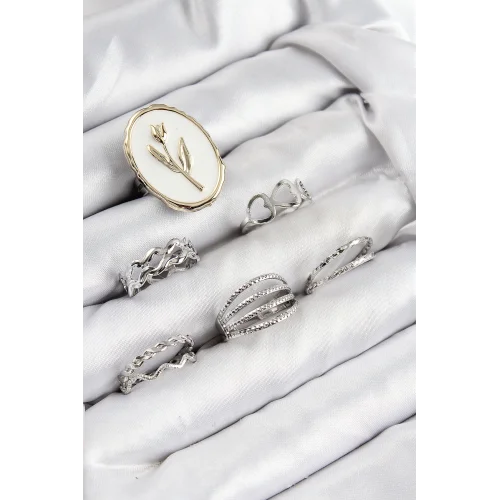 Mey İthalat® Pirinç Zirkon Taşlı Lale Model Gümüş Renk Kadın Yüzük Kombin Set