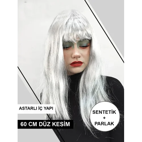 Mey İthalat® Platin Gri Gümüş Renk Uzun Parti Peruğu Uzun Takma Peruk