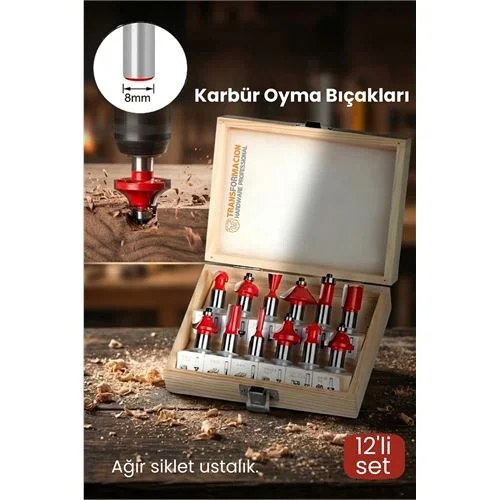 Mey İthalat® Profesyonel 12li Ahşap Freze Ucu Seti 8mm Şaft | Rulmanlı Karbür Oyma Bıçakları Ahşap Kutulu