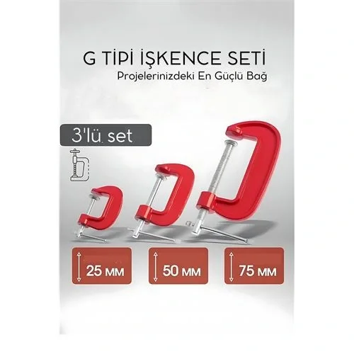 Mey İthalat® Profesyonel G Tipi İşkence Seti 3lü: 25-50-75 mm Döküm Metal Ağaç İşleme ve Montaj Kelepçesi Takımı