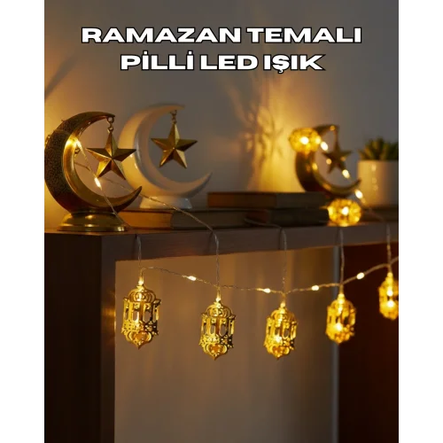 Mey İthalat® Ramazan Dekoru İçin Pilli LED Işık Altın Fener Tasarımlı