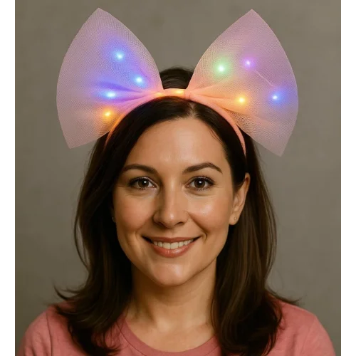 Mey İthalat® Rengarenk Led Işıklı Fiyonk Şekilli Tül Parti Tacı Pembe Renk 25x25 cm