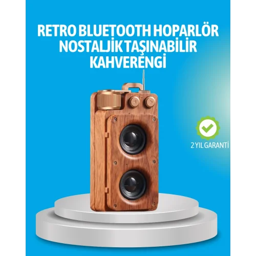 Mey İthalat® Retro Bluetooth Hoparlör Ahşap Görünümlü 5W Çift Stereo Ses