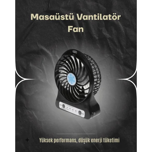 Mey İthalat® Şarjlı USB Fan – Masaüstü Mini Vantilatör, Taşınabilir, Işıklı, 3 Kademeli, Sessiz