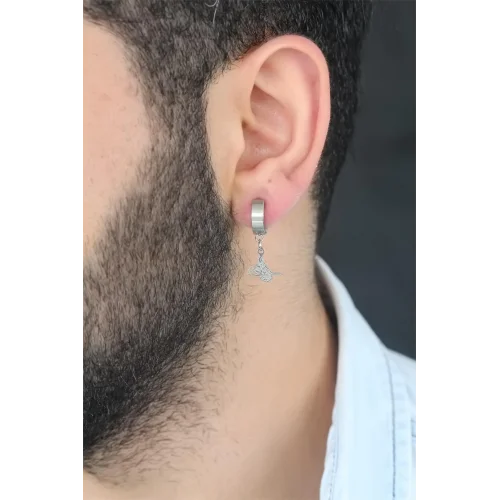 Mey İthalat® Silver Renk Kaplama Osmanlı Tuğra Figürlü Kıstırmalı Çelik Erkek Küpe