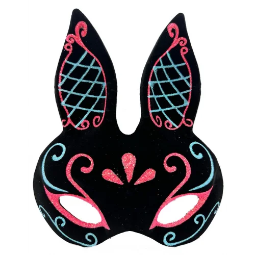 Mey İthalat® Siyah Renk Mavi Kırmızı Simli Siyah Süet Kaplama Tavşan Maskesi 18x16 cm