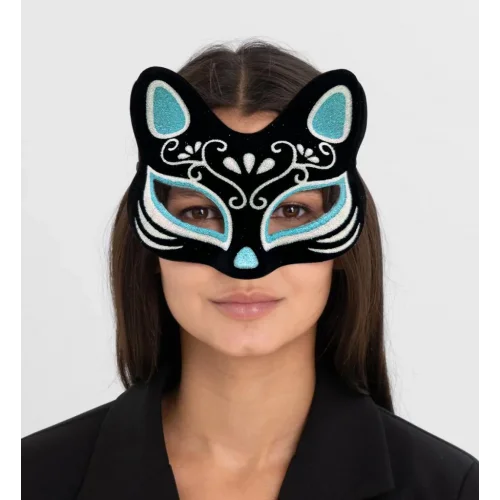 Mey İthalat® Siyah Renk Süet Kaplama Üzeri Gümüş Mavi Simli Kedi Maskesi 17x14 cm