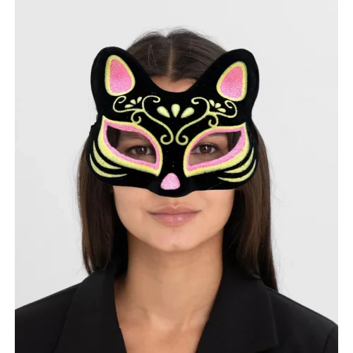 Mey İthalat® Siyah Renk Süet Kaplama Üzeri Pembe Sarı Simli Kedi Maskesi 17x14 cm