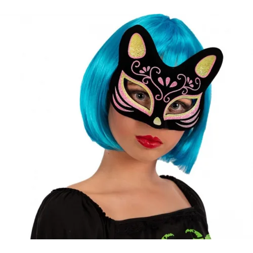 Mey İthalat® Siyah Renk Süet Kaplama Üzeri Sarı Pembe Simli Kedi Maskesi 17x14 cm