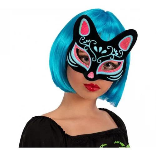 Mey İthalat® Siyah Renk Üzeri Mavi Kırmızı Simli Süet Kaplama Kedi Maskesi 17x14 cm