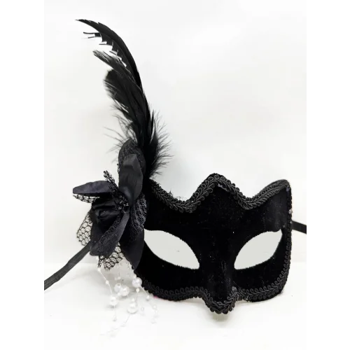 Mey İthalat® Siyah Renk Yandan Tüylü Beyaz İncili Süet Kaplama  Lü Parti Maskesi 20x23 cm