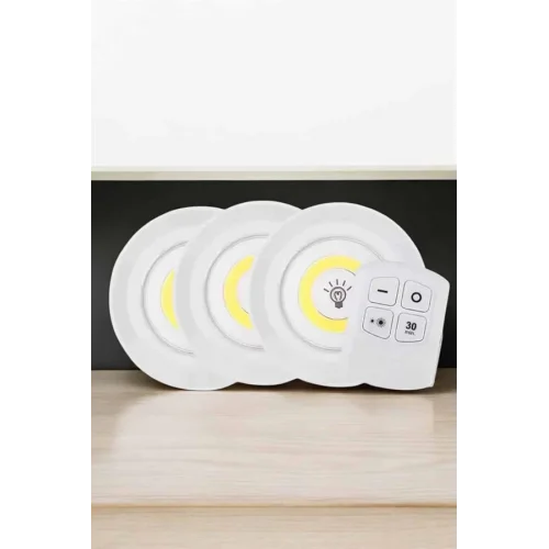 Mey İthalat® Spot Lamba Led Işık 3lü Uzaktan Kumandalı Pilli Yapışkanlı Kablosuz